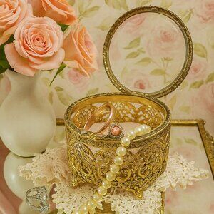 Vintage Ormolu Filigree Jewelry Casket with Beveled Glass Lid